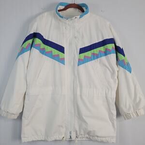 Vintage 80s London Fog Ski Jacket women's sz M white multi Southwestern Aztec